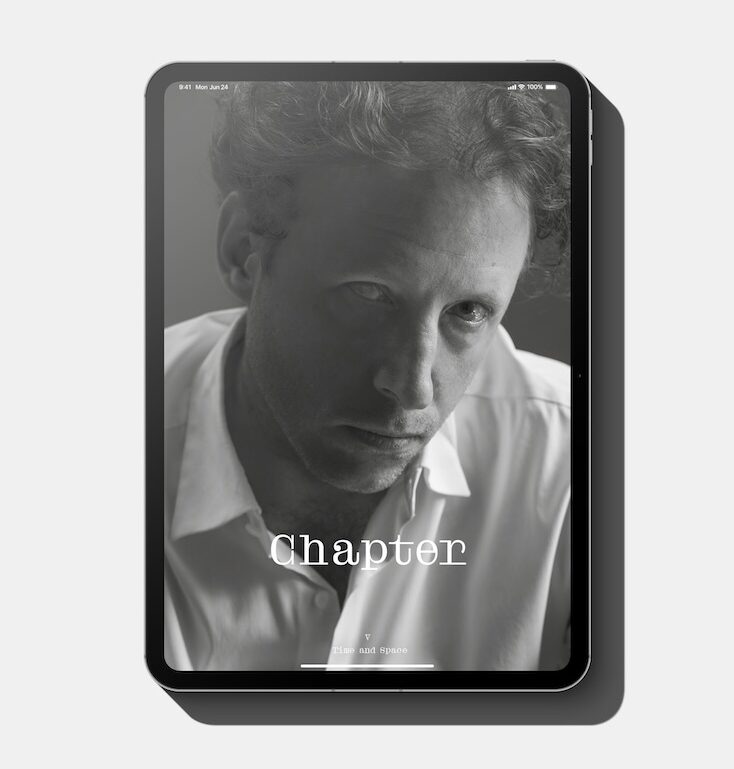 iPad mock-up of design magazine Chapter, featuring gallerist Johann König on the cover.