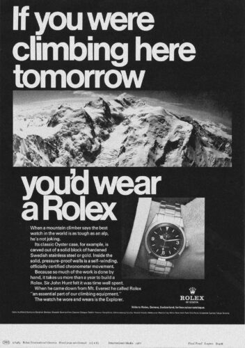 historisches Werbesujet der Rolex Explorer, Bergmotiv