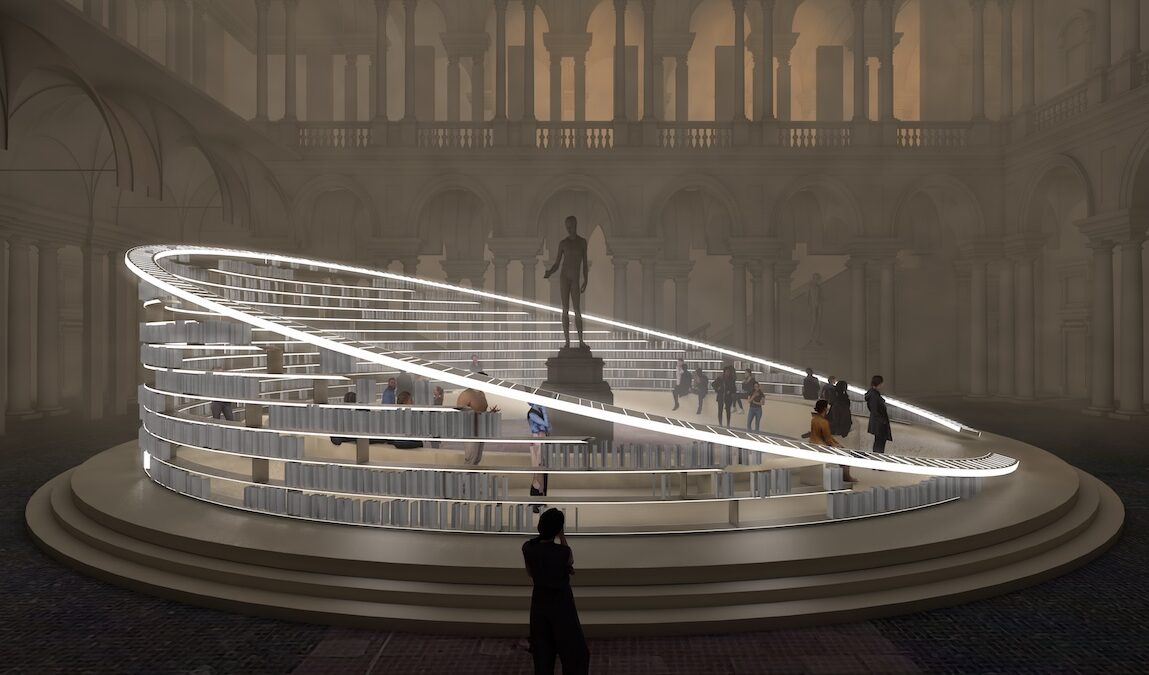 Werk von Es Devlin, namens "Library of Light", fotografiert von Monica Spezia für den Salone del Mobile 2025