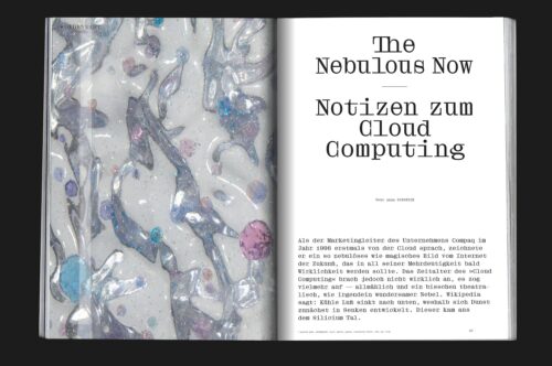 Mock up of design magazine Chapter featuring an article about colud computing and images of artworks by artist flavie audi