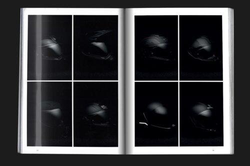 Mock up of design magazine Chapter showing feature with artistic photography of race helmets