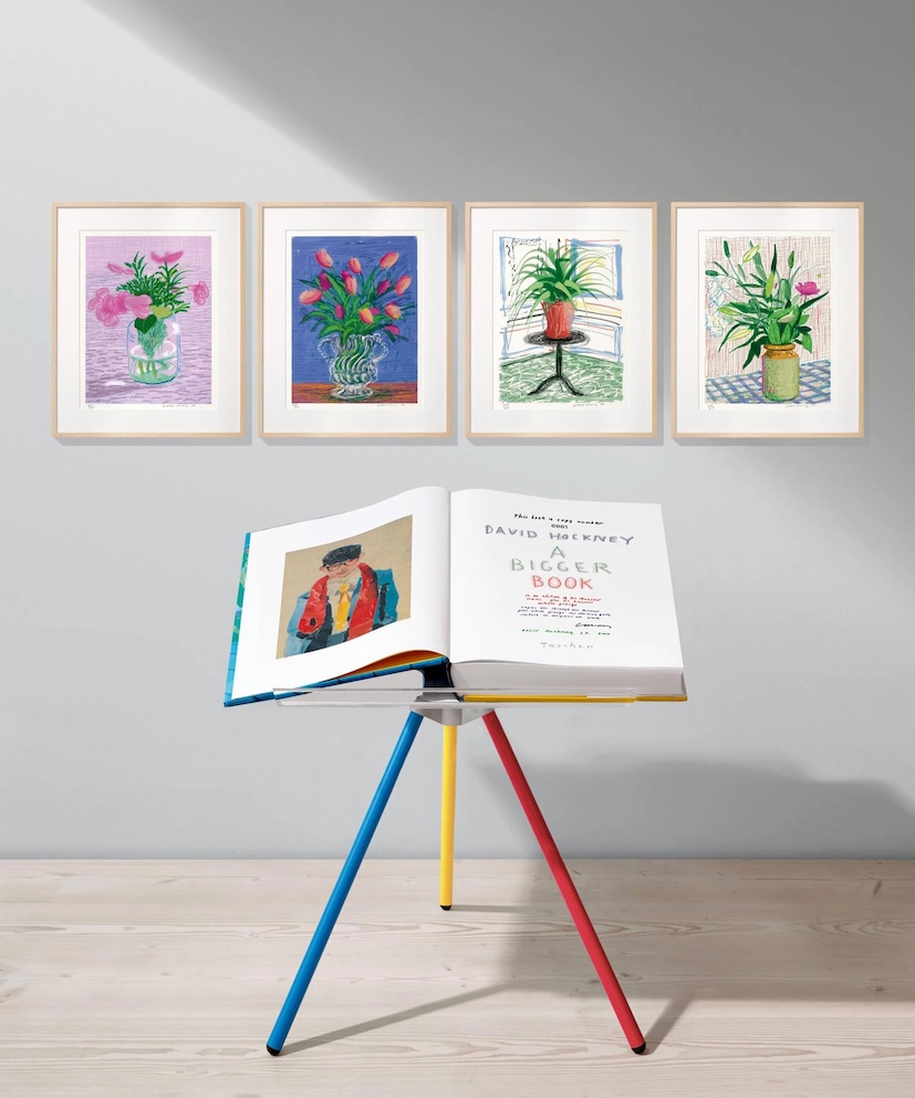 Spread of book "David Hockney - A Bigger Book", Collector's Edition, with a Marc Newson bookstand