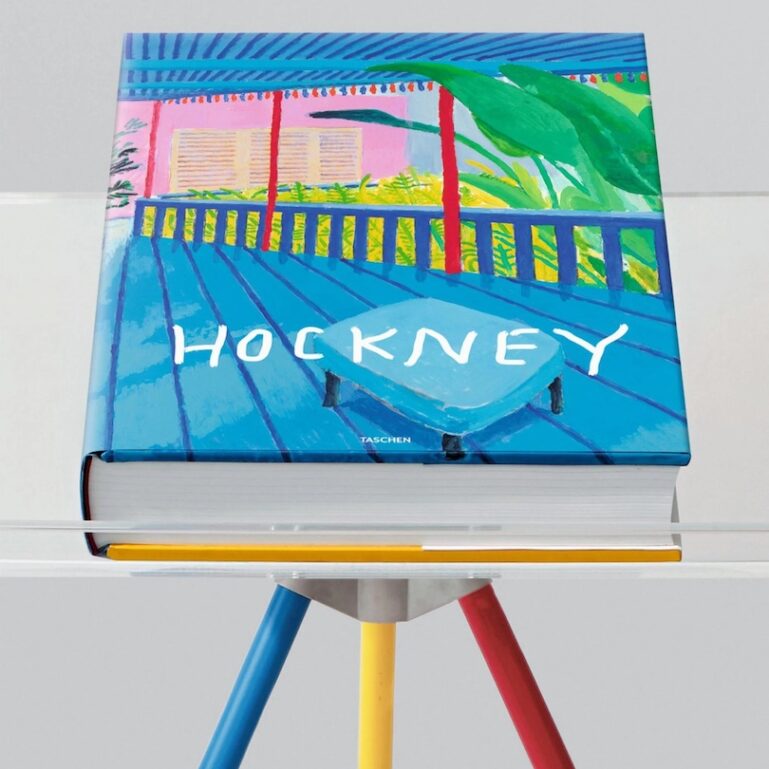 Spread of book "David Hockney - A Bigger Book", Collector's Edition, with a Marc Newson bookstand