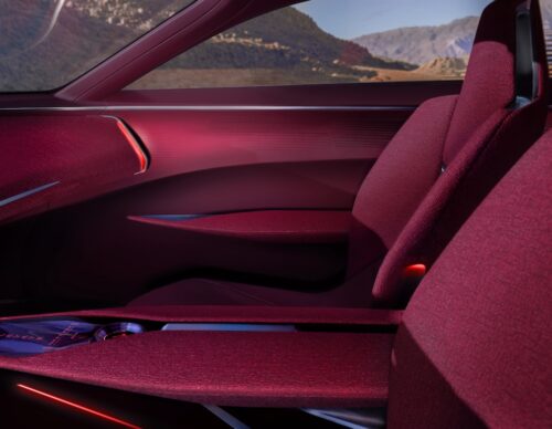 interior of Cadillac Elevated Velocity oncept in Vapor Blue with the desert in the background. presented a monterey car week 2025