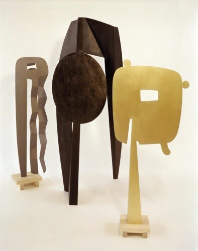 Sculpture ensamble The Kite, 1959, The Mirror, 1958, Man Walking, 1959 by artist and designer Isamu Noguchi, The Isamu Noguchi Foundation and Garden Museum, New York