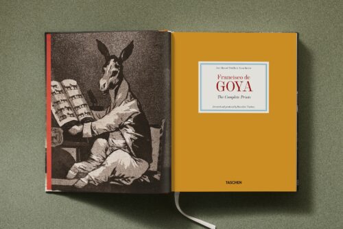 Illustrated book Goya. The Complete Prints in a yellow linen binding with blue lettering and dust jacket, published by TASCHEN Verlag.