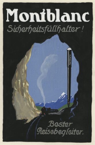 Vintage Montblanc advertising motifs from the 1920s featuring Meisterstück fountain pens — clear typography, iconic symbols, design by Grete Gross.