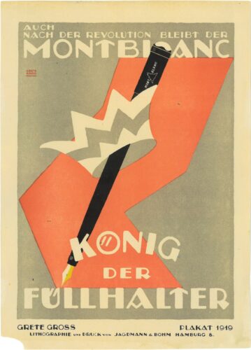Vintage Montblanc advertising motifs from the 1920s featuring Meisterstück fountain pens — clear typography, iconic symbols, design by Grete Gross.