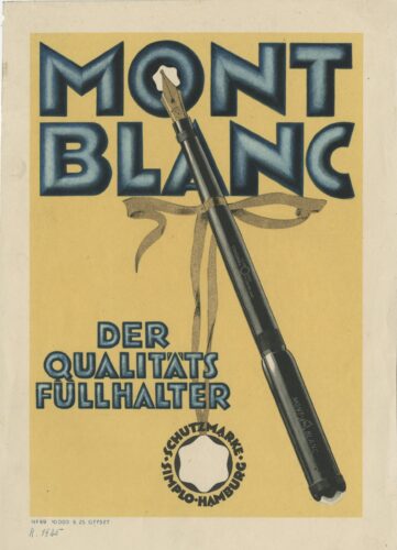 Vintage Montblanc advertising motifs from the 1920s featuring Meisterstück fountain pens — clear typography, iconic symbols, design by Grete Gross.