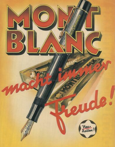 Vintage Montblanc advertising motifs from the 1920s featuring Meisterstück fountain pens — clear typography, iconic symbols, design by Grete Gross.