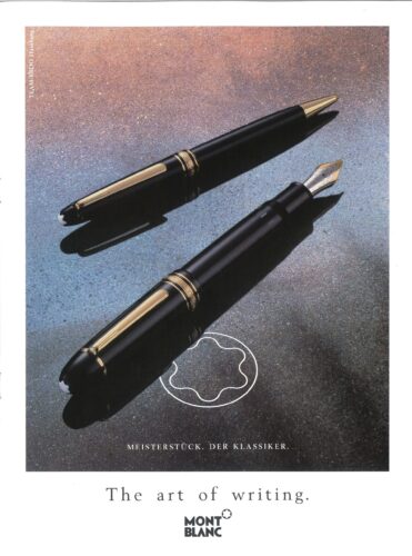 Vintage Montblanc advertising motifs from the 1920s featuring Meisterstück fountain pens — clear typography, iconic symbols, design by Grete Gross.