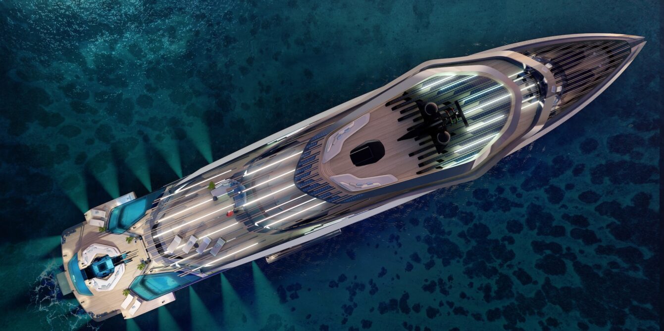Exterior of X2 concept yacht by Fulvio De Simoni and Pininfarina, blending automotive design and contemporary architecture.