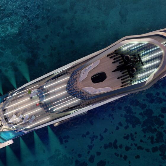 Exterior of X2 concept yacht by Fulvio De Simoni and Pininfarina, blending automotive design and contemporary architecture.