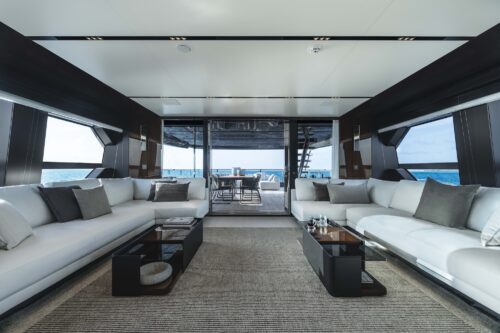 Interior of Riva 130' Bellissima, 40-meter luxury yacht with three decks and expansive glass surfaces.