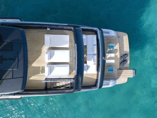 Exterior of Riva 130' Bellissima, 40-meter luxury yacht with three decks and expansive glass surfaces.