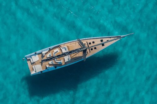 Yacht Design Exterior of wallywind110 by Wally sailing luxury yacht with clean, safe deck layout by Santa Maria Magnolfi.