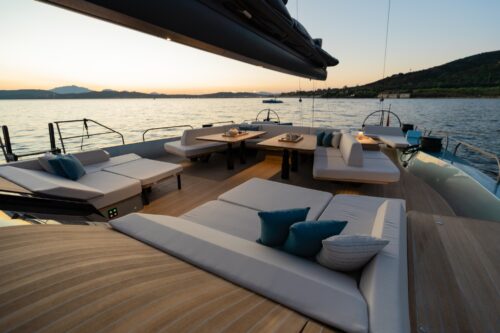 Deck and interior design of wallywind110 by Wally sailing luxury yacht with clean, safe deck layout by Santa Maria Magnolfi.
