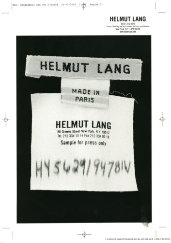 Clothing tag from the exhibition Helmut Lang. Séance de Travail 1986–2005 at MAK Vienna