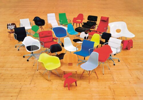 Images of iconic Charles and Ray Eames stools from the book Vitra - The Anatomy of a Design Company with archive material published by Phaidon