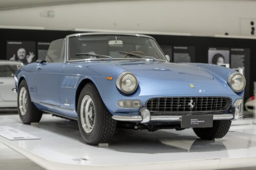 light blue classic ferrari at exhibition »greatest hits« at Enzo Ferrari-Museum Modena 