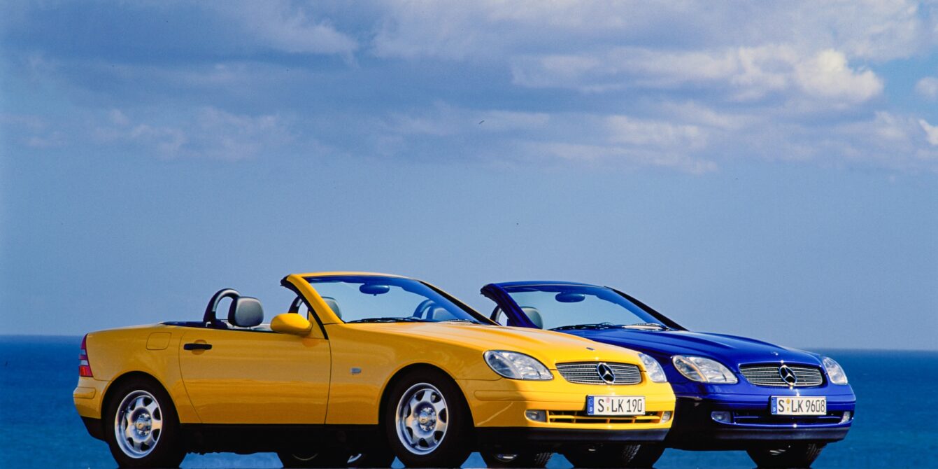 Yellow and blue Mercedes-Benz SLK 200 Roadster Cabriolet