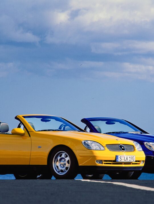 Yellow and blue Mercedes-Benz SLK 200 Roadster Cabriolet