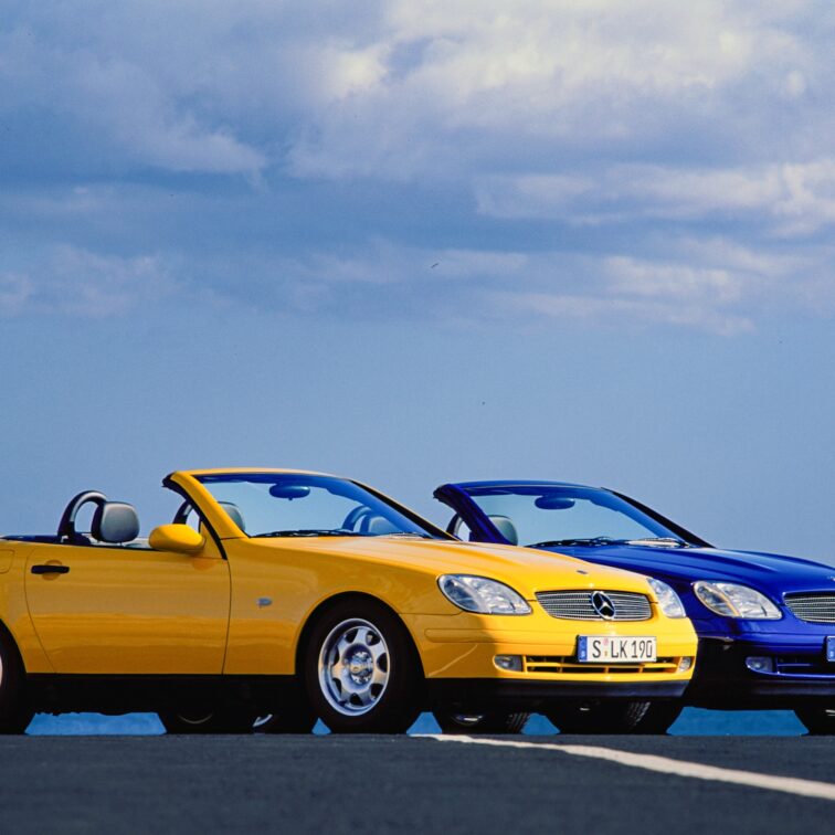 Yellow and blue Mercedes-Benz SLK 200 Roadster Cabriolet