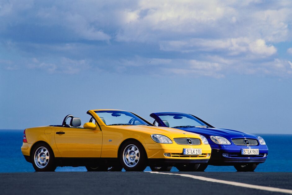 Yellow and blue Mercedes-Benz SLK 200 Roadster Cabriolet