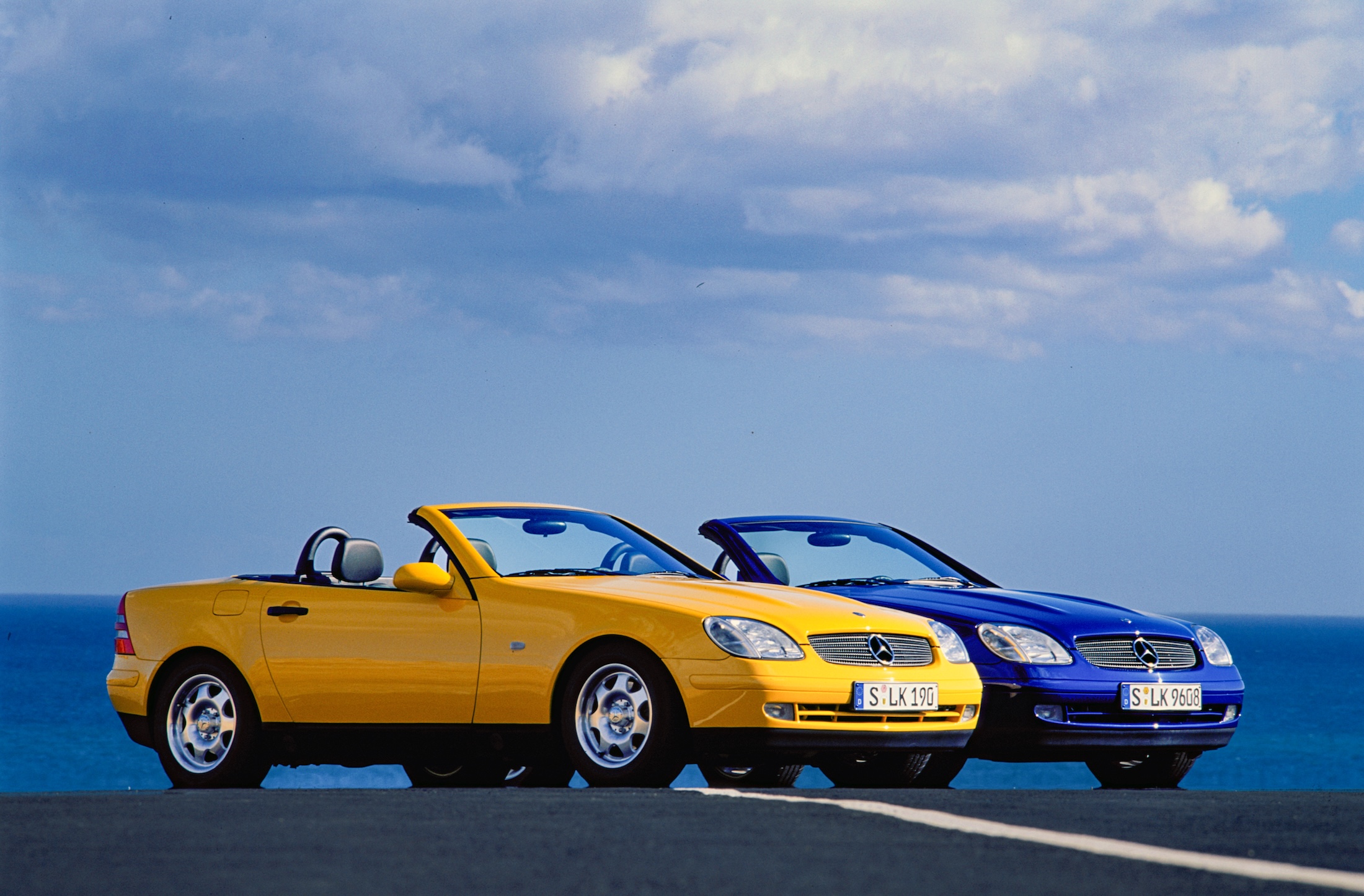 Yellow and blue Mercedes-Benz SLK 200 Roadster Cabriolet