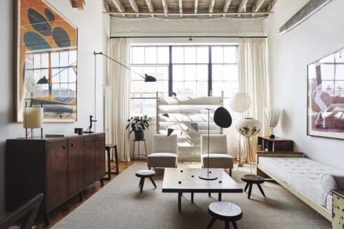 Apartment of Jeffrey Graetsch, founder of Raisonné gallery in New York, styled by Colin King, with furniture by Isamu Noguchi, Charlotte Perriand, and Jean Prouvé.
