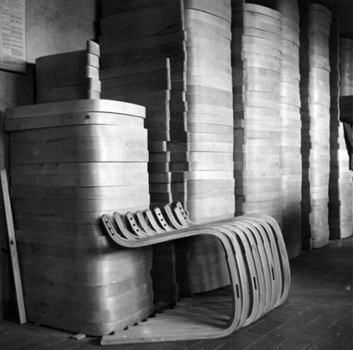 Stages of production of Alvar Aaltos bentwood chairs at the Artek factory in 1936