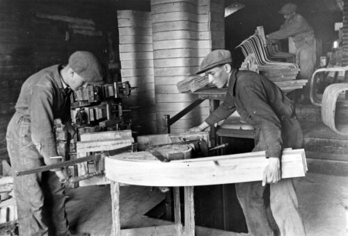 Stages of production of Alvar Aaltos bentwood chairs at the Artek factory in 1936