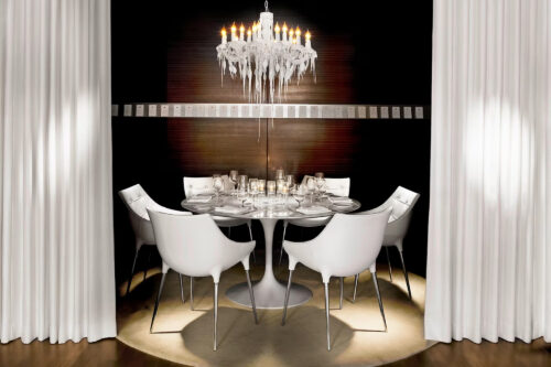 dining table at the sls hotel beverly hills with interior design objects by designer philippe starck