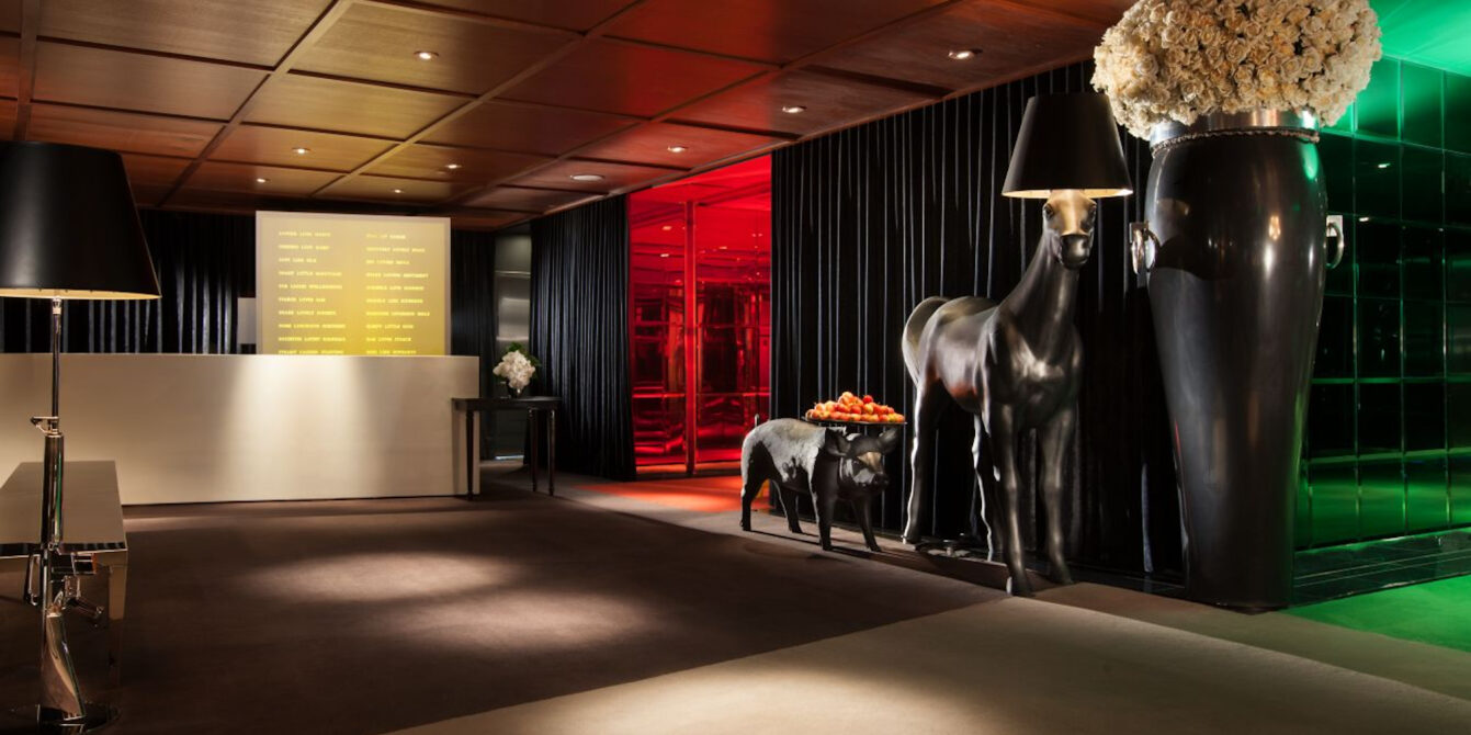 main lobby of the sls hotel beverly hills with interior design objects by designer philippe starck