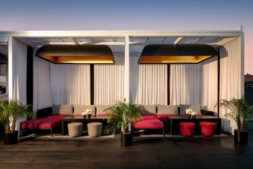 rooftop of the sls hotel beverly hills with interior design objects by designer philippe starck