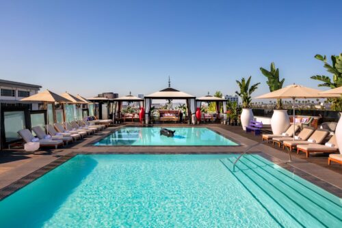 rooftop pool of the sls hotel beverly hills with interior design objects by designer philippe starck